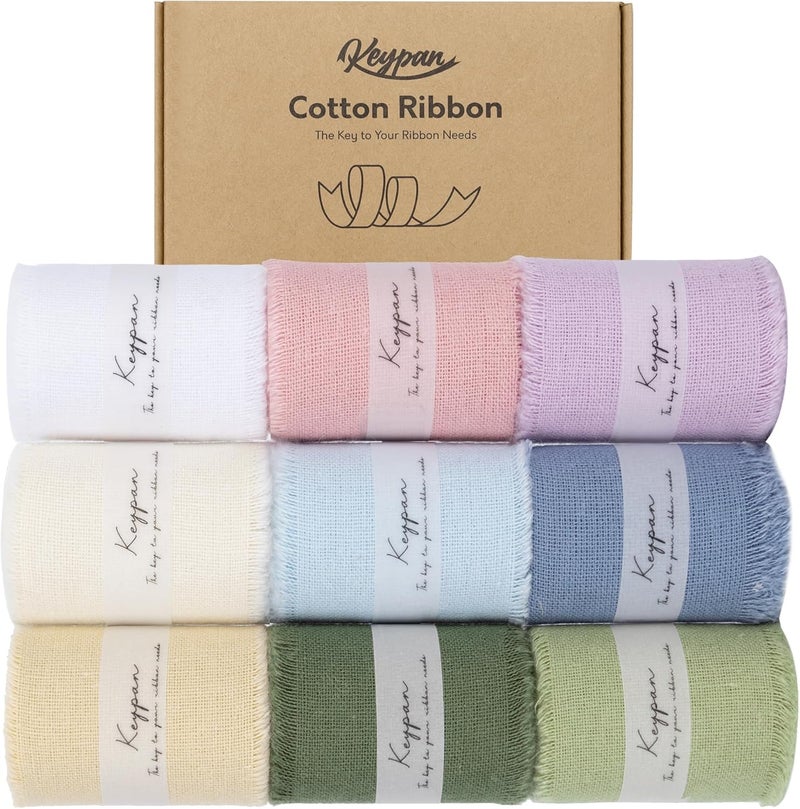 Keypan 1-1/2" x 18 Yd Cotton Ribbon for Gift Wrapping Wedding Invitations Bridal Flower Bouquets, Mixed Color Fabric Ribbons Set 2 Yards x 9 Rolls - Image 1